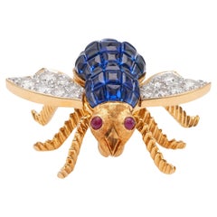 Vintage Sapphire, Diamond, and Ruby 18k Yellow Gold Bee Brooch