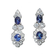 Vintage Sapphire Diamond and White Gold Cluster Drop Earrings, Circa 1960