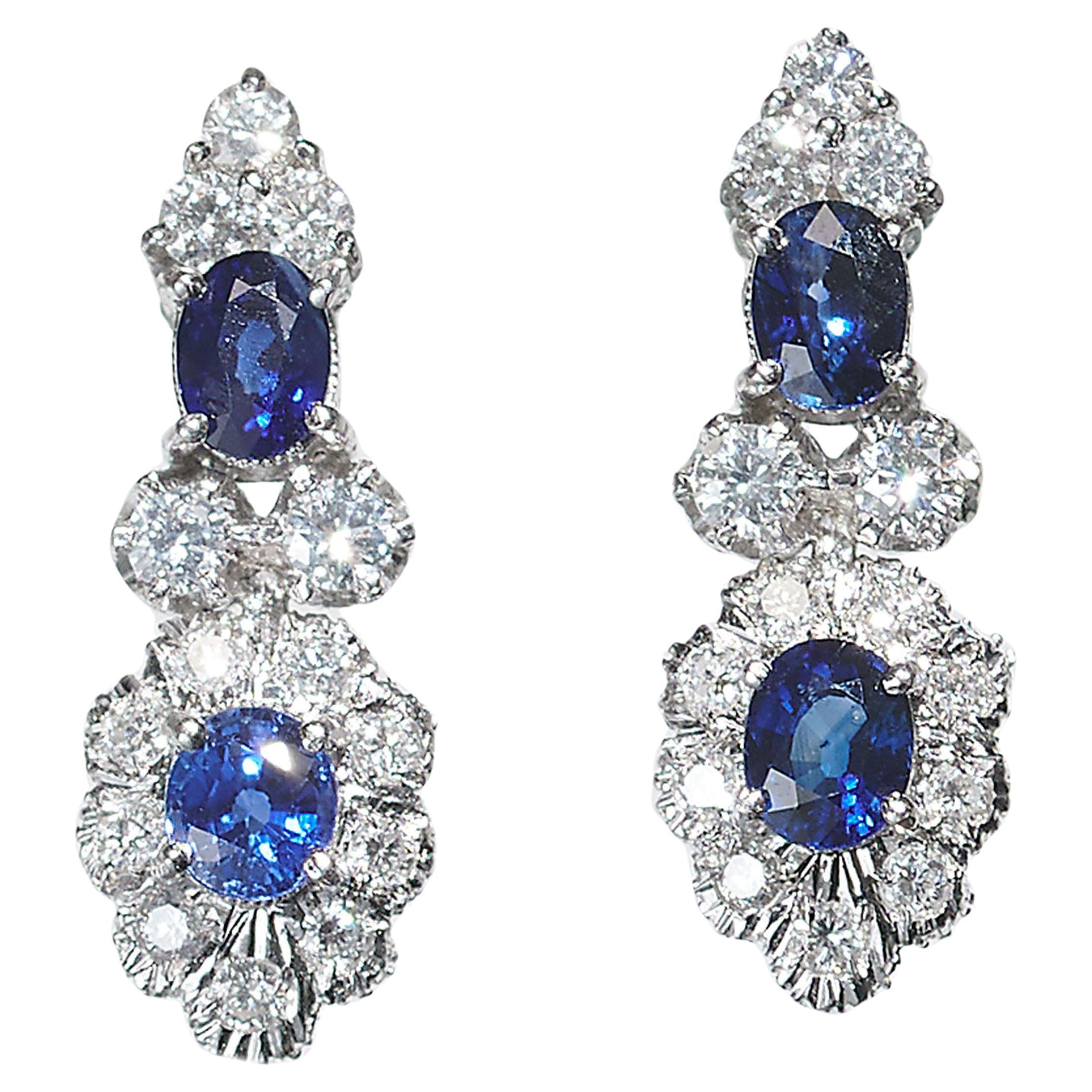 Vintage Sapphire Diamond and White Gold Cluster Drop Earrings, Circa 1960
