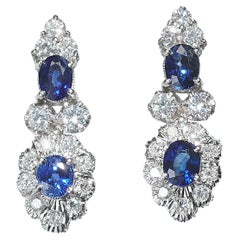 Vintage Sapphire Diamond and White Gold Cluster Drop Earrings, Circa 1960