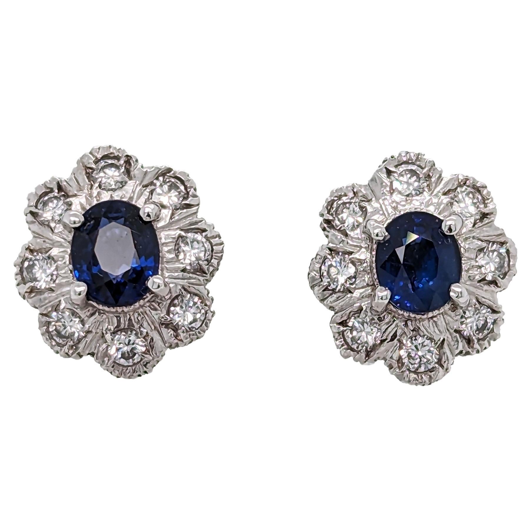Vintage Sapphire, Diamond and White Gold Cluster Stud Earrings, Circa 1960