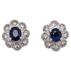 Vintage Sapphire, Diamond and White Gold Cluster Stud Earrings, Circa 1960