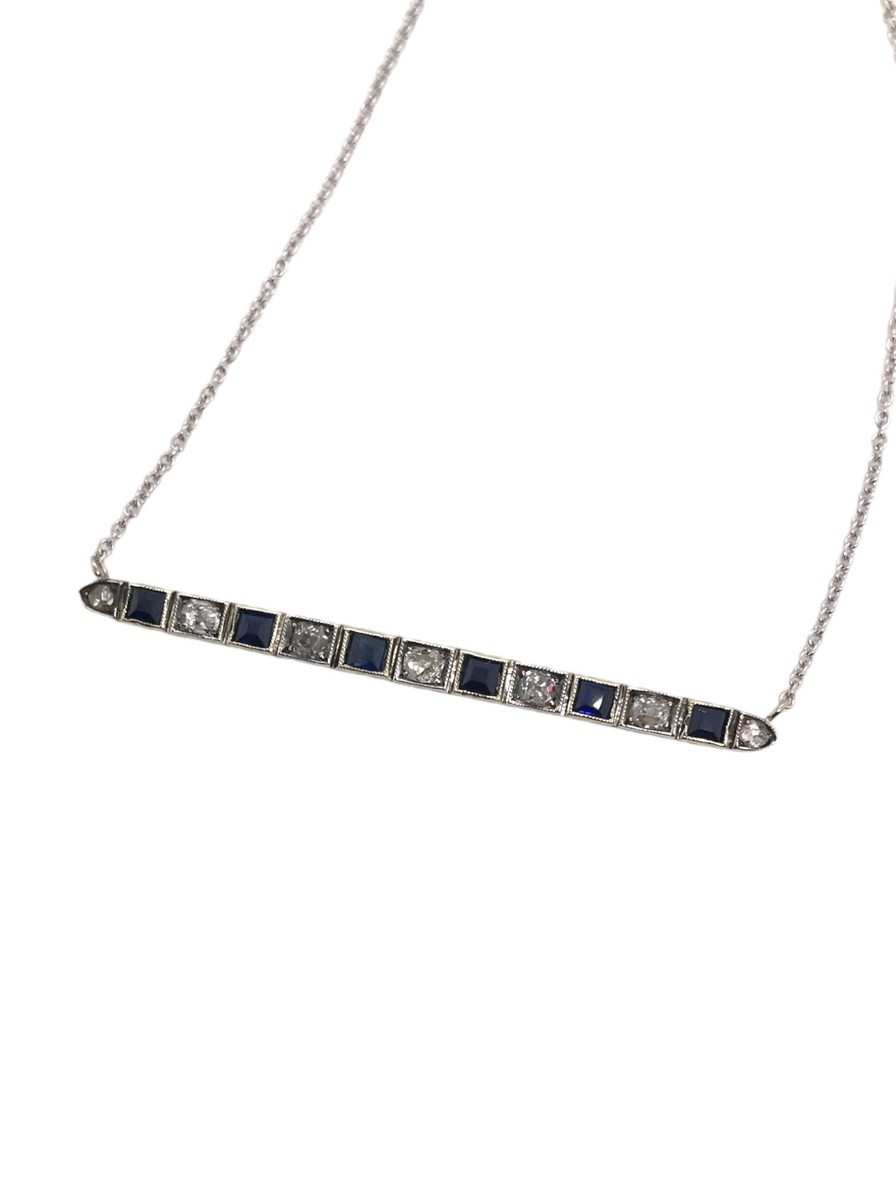 Art Deco Vintage Sapphire & Diamond Bar Conversion Necklace 14K Gold For Sale