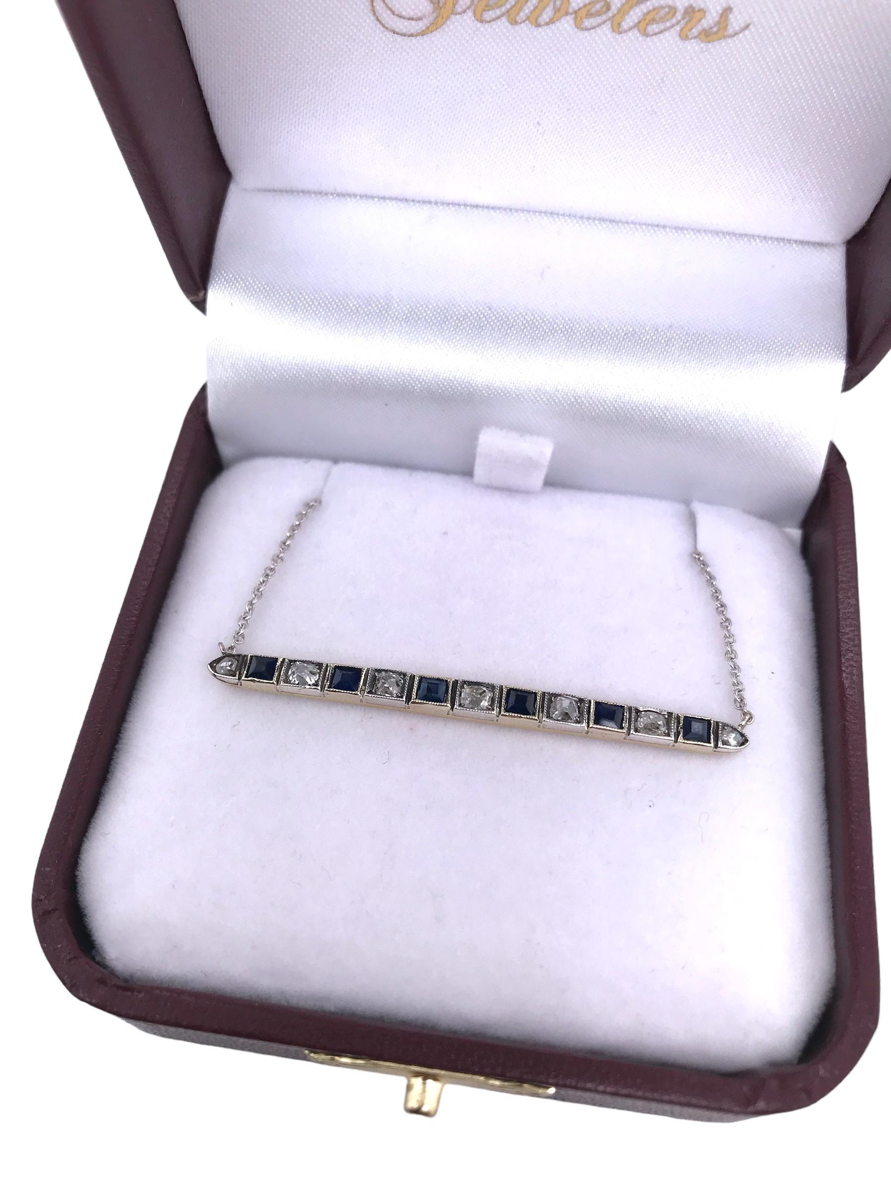 Vintage Sapphire & Diamond Bar Conversion Necklace 14K Gold For Sale 2