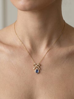 Vintage Sapphire & Diamond Bow Pendant Necklace, 18KT Gold