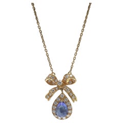 Vintage Sapphire & Diamond Bow Pendant Necklace, 18KT Gold