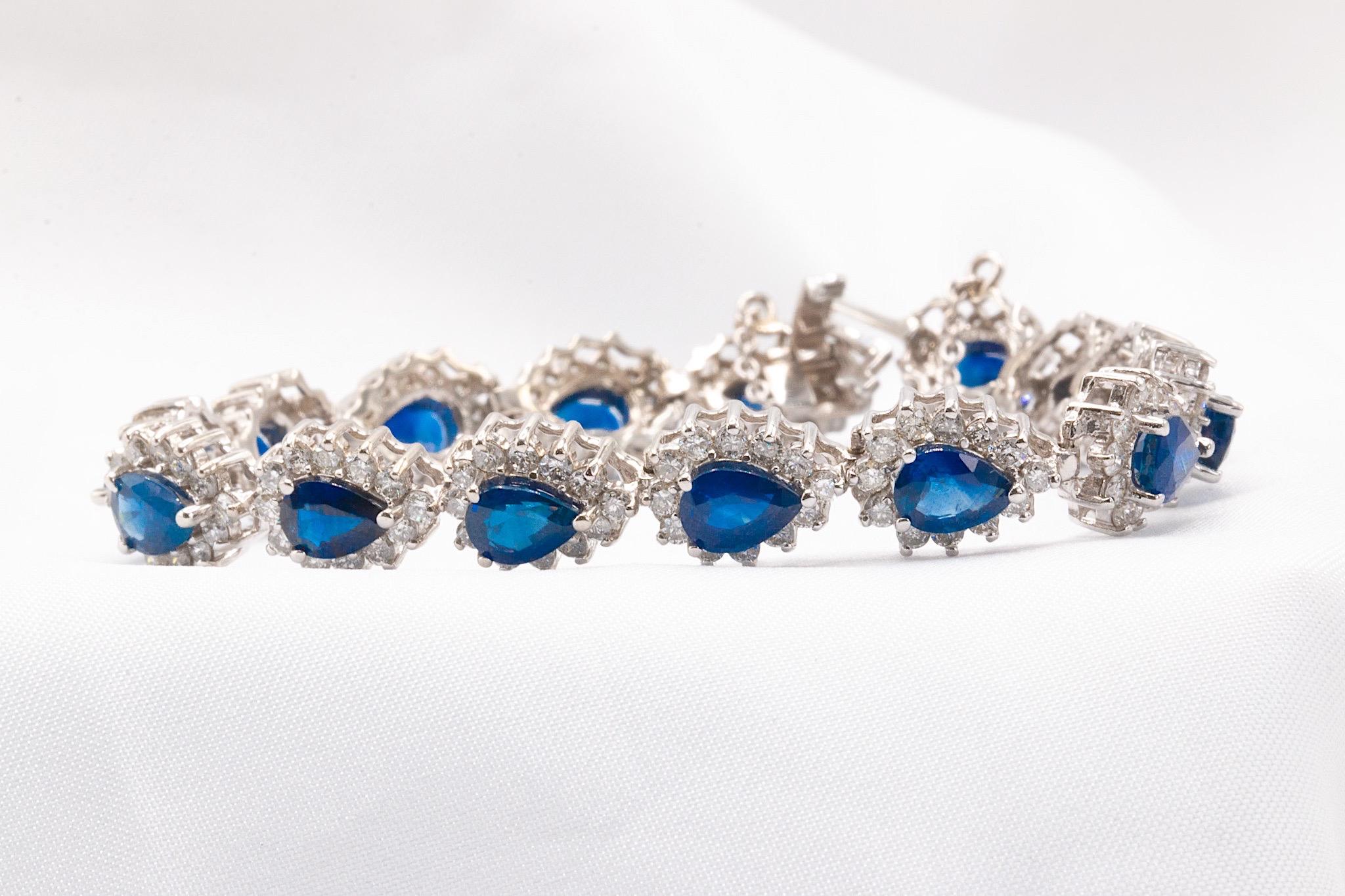 Pear Cut Vintage Sapphire & Diamond Bracelet in 14k White Gold For Sale