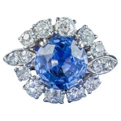 Retro Sapphire Diamond Cluster Ring in 3.30ct Sapphire with Certificate