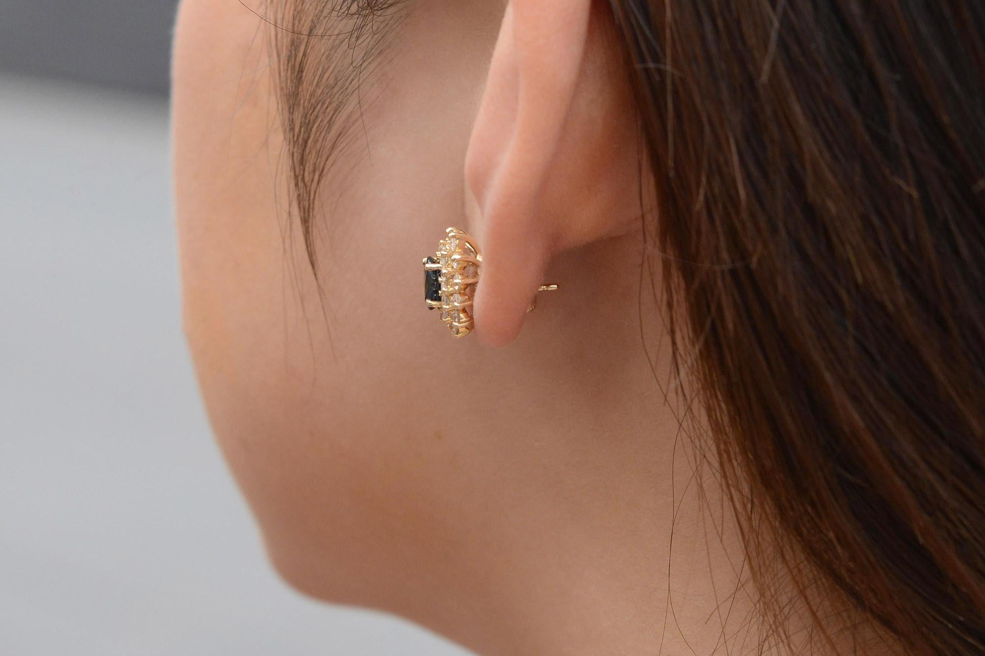 Oval Cut Vintage Sapphire & Diamond Cluster Stud Earrings