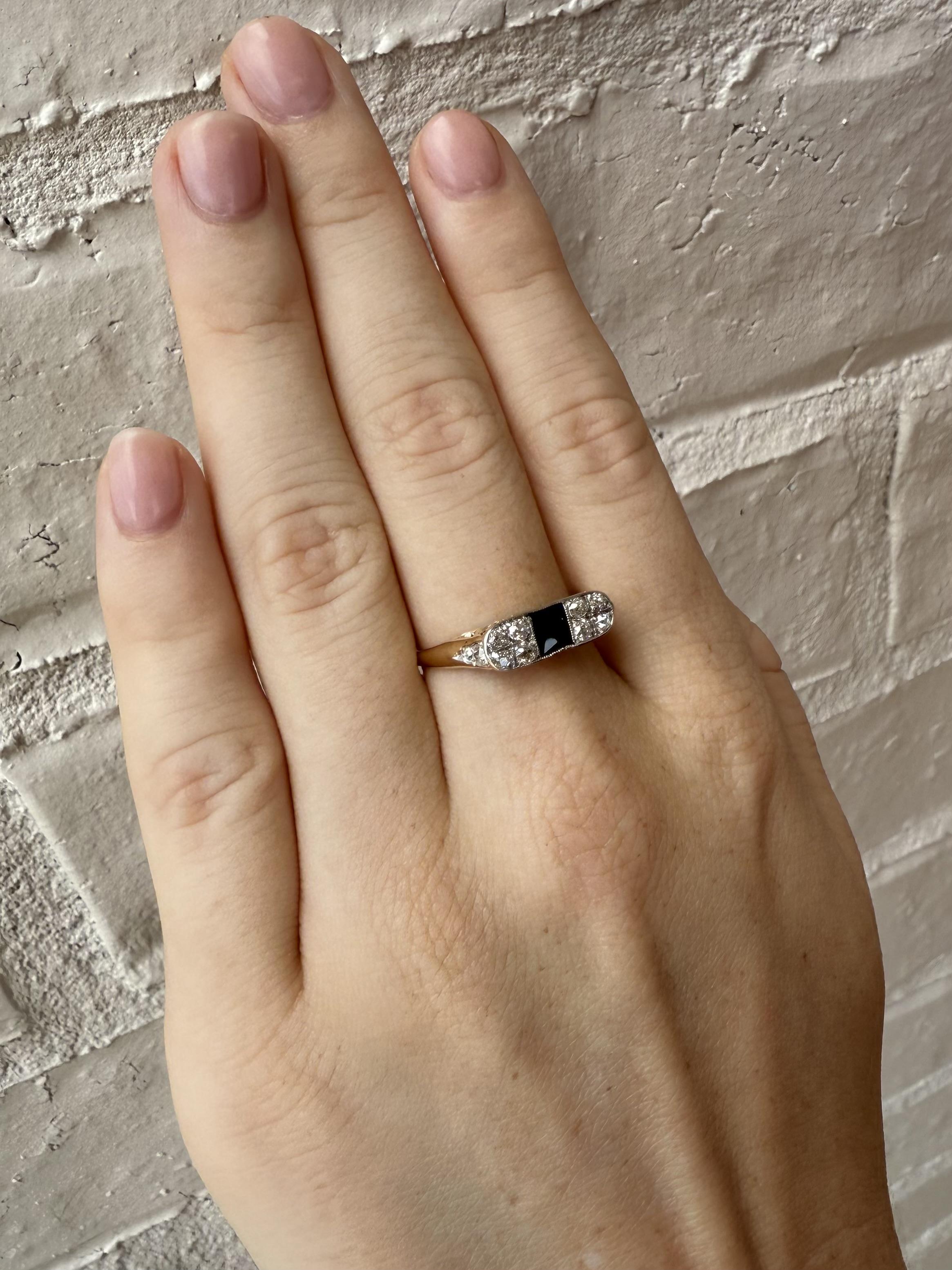 We are loving this vintage beauty!!

Ring Details
Material: 18K Yellow Gold
Era: Art Deco 1920 - 1940
Head Width: 5.1mm
Head Height: 4mm
Weight: 2.3 Grams
Finger Size: 9
Sizable Upon Request

Item: 768TMV8-ALB