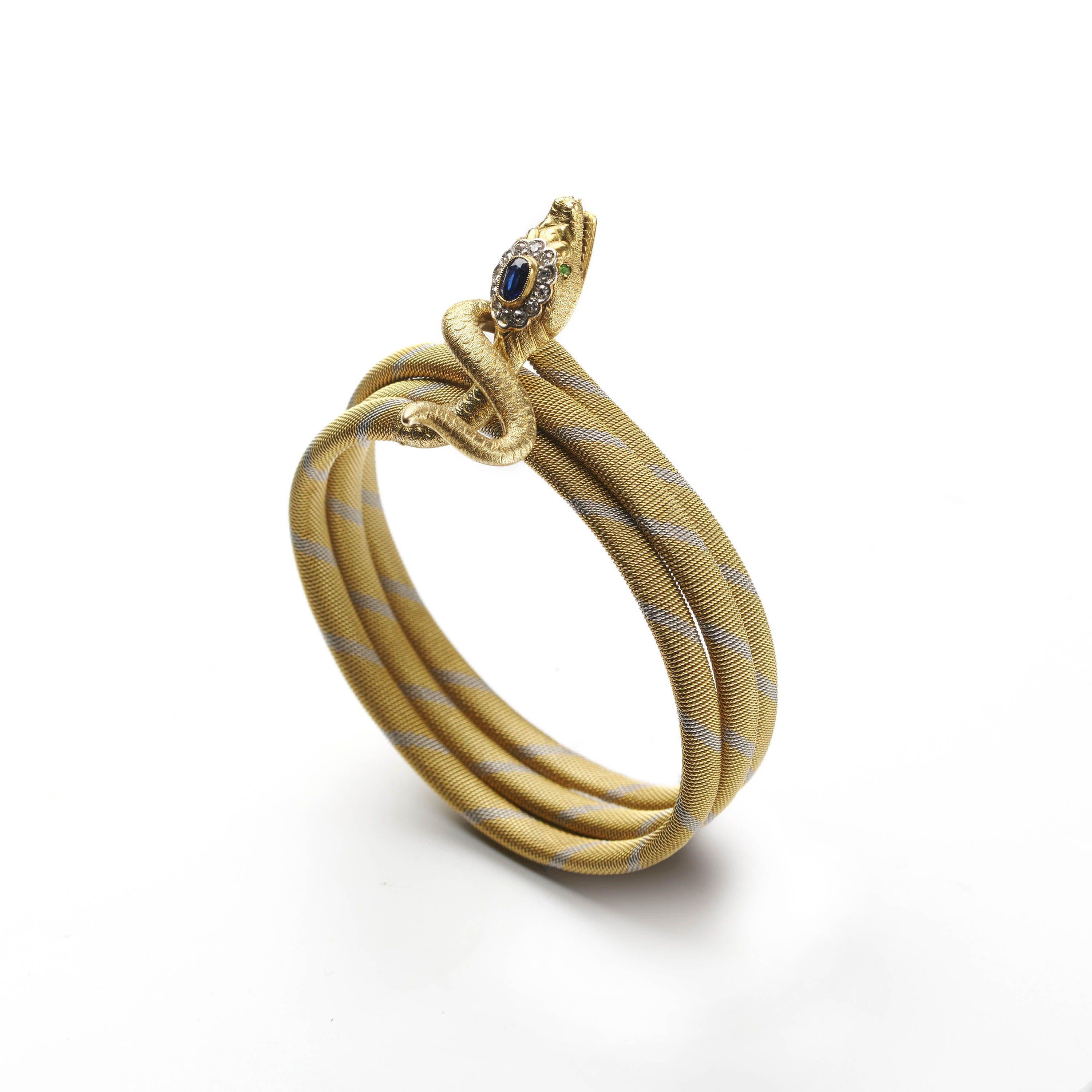 Donna Bracciale a serpente d'oro con zaffiro, diamante e granato demantoide, CIRCA 1965 in vendita