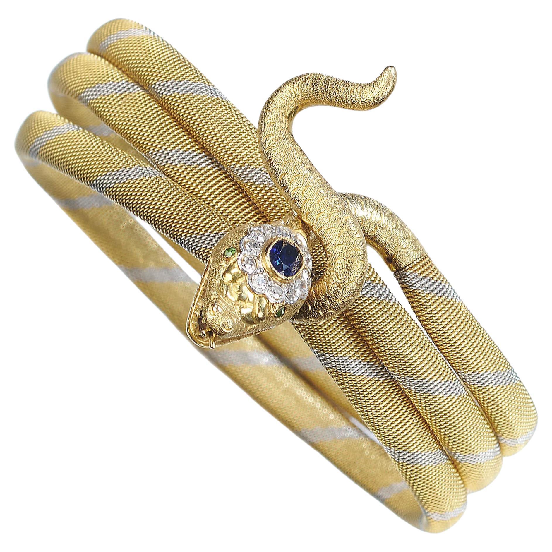 Bracelet serpent vintage en saphir, diamant, grenat démantoïde et or, c. 1965 en vente