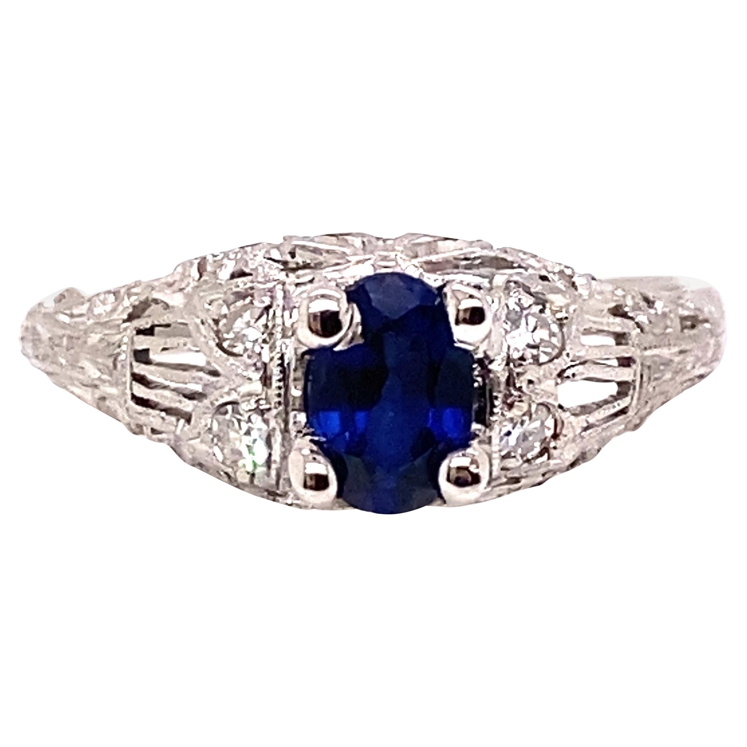 Bague de fiançailles vintage saphir diamant .82ct Platinum Deco Original 1920s