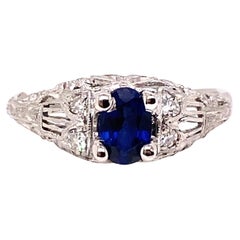 Bague de fiançailles vintage saphir diamant .82ct Platinum Deco Original 1920s