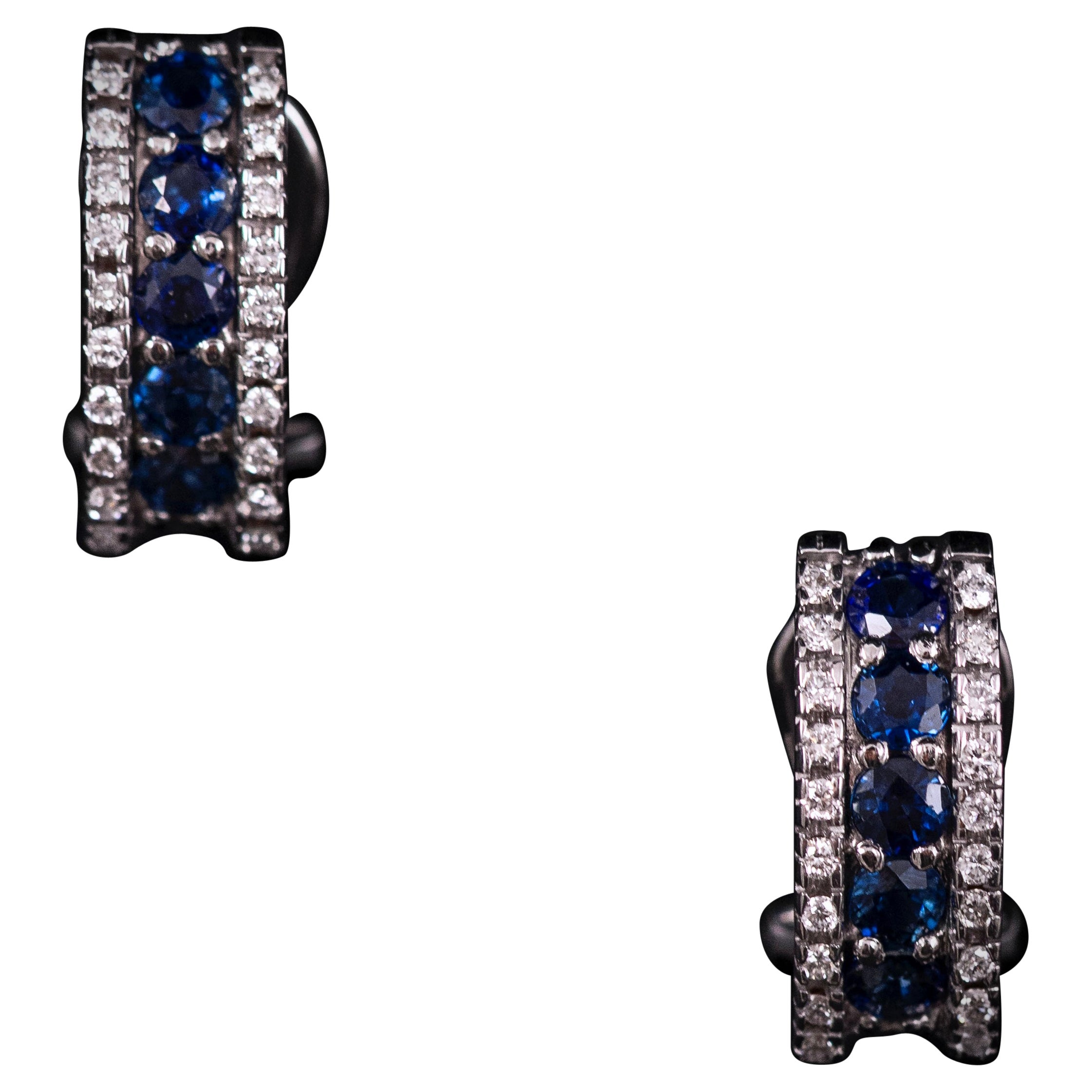 Vintage Sapphire Diamond Half-Hoop Earrings 19.2K White Gold Portuguese 1990s