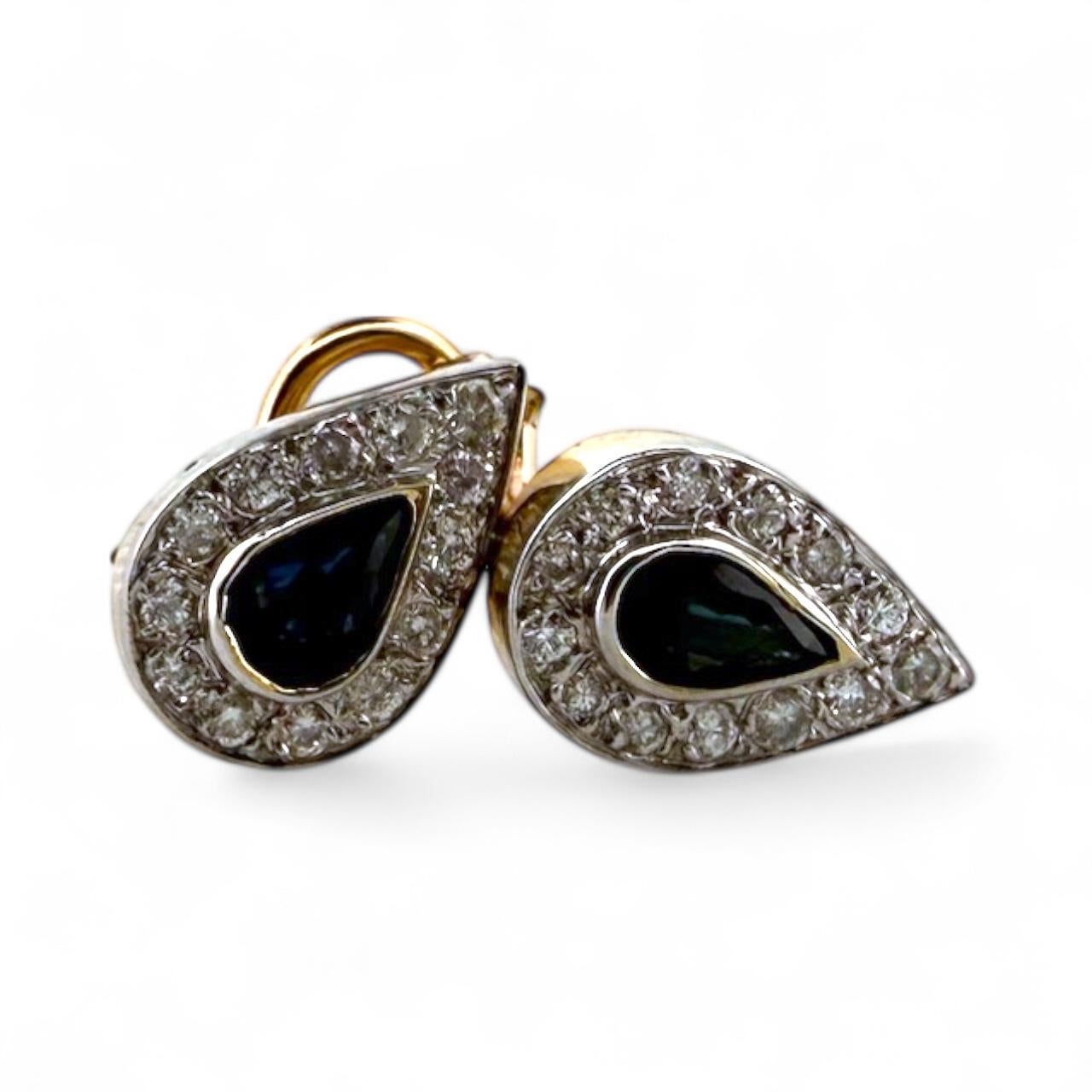 Taille poire Boucles d'oreilles pendantes saphir et diamant en or 14K en vente