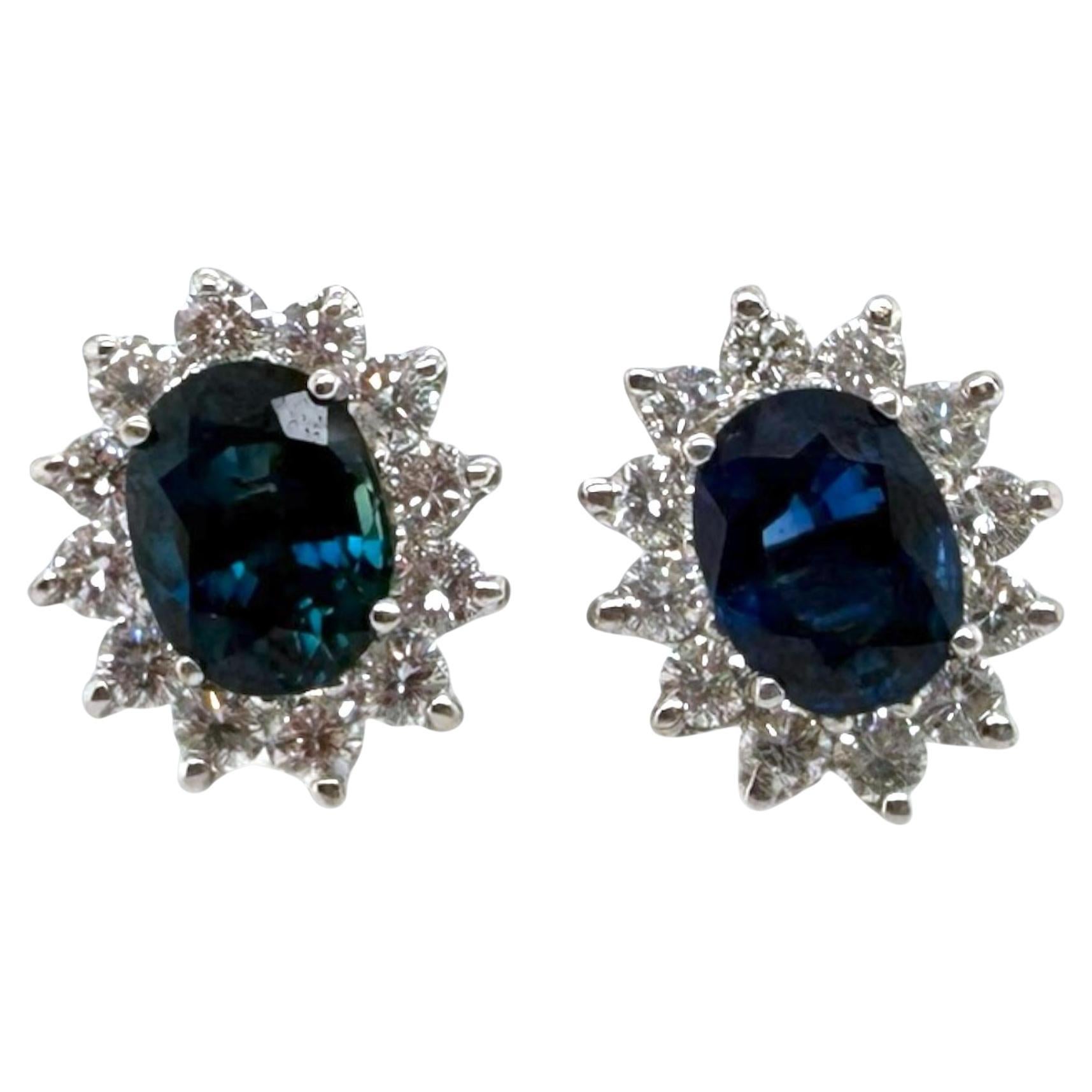 Vintage Sapphire 
Diamond Halo Earrings 18K White Gold For Sale