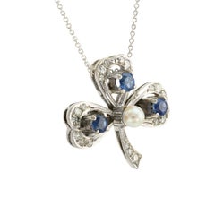Vintage Sapphire Diamond Pearl Clover Leaf White Gold Pendant