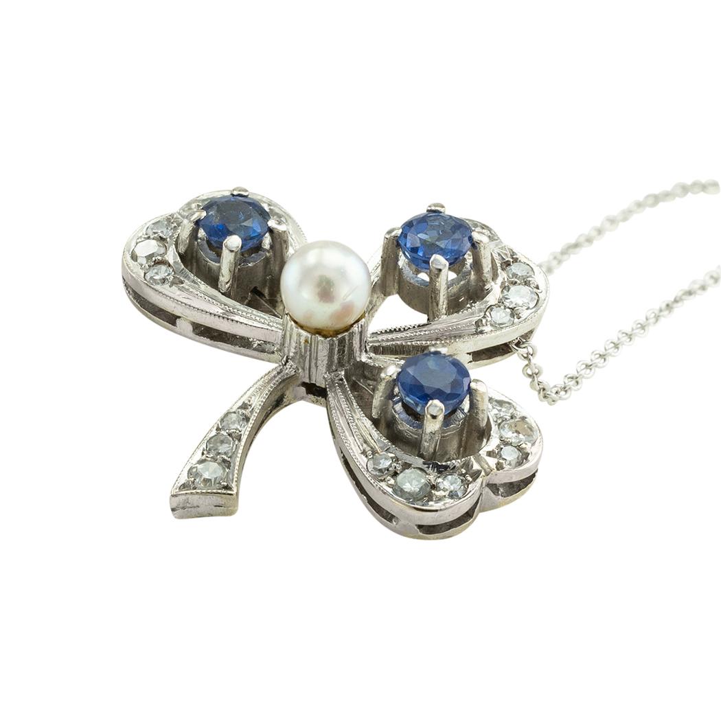Vintage Sapphire Diamond Pearl Clover Leaf White Gold Pendant In Good Condition In Los Angeles, CA