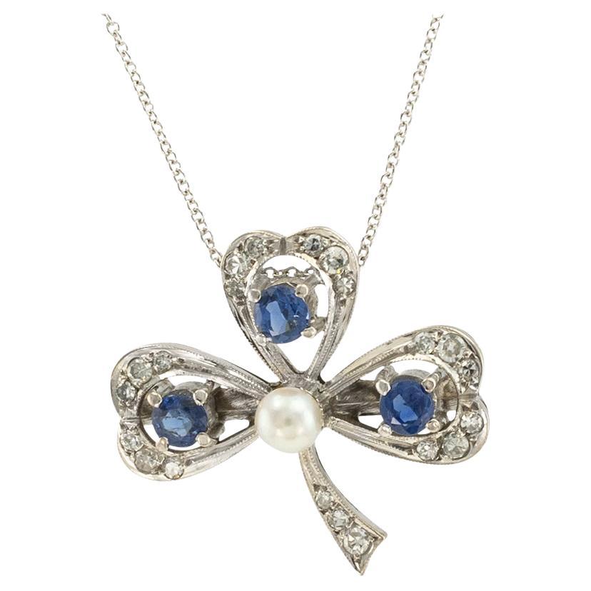 Vintage Sapphire Diamond Pearl Clover Leaf White Gold Pendant
