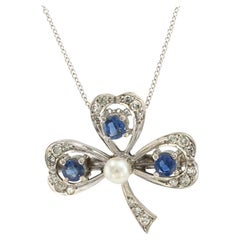 Vintage Sapphire Diamond Pearl Clover Leaf White Gold Pendant