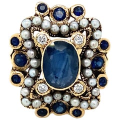 Vintage Sapphire Diamond Pearls Cocktail Ring