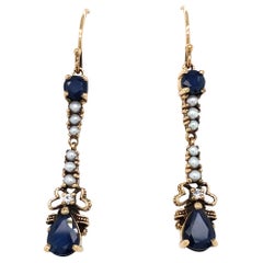 Vintage Sapphire Diamond Pearls Dangle Earrings