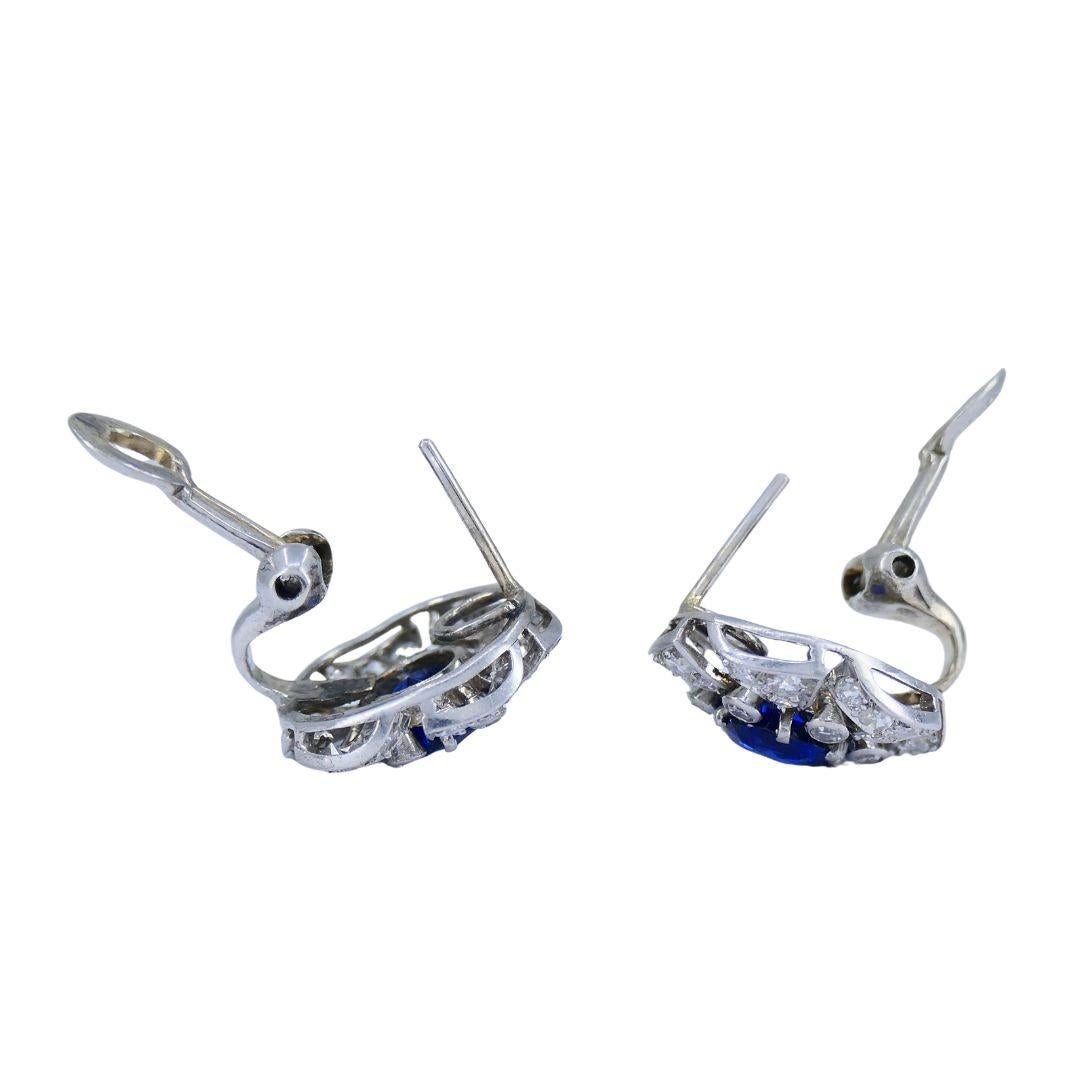 Vintage French Sapphire Diamond Platinum 18k White Gold Cluster Earrings For Sale 5