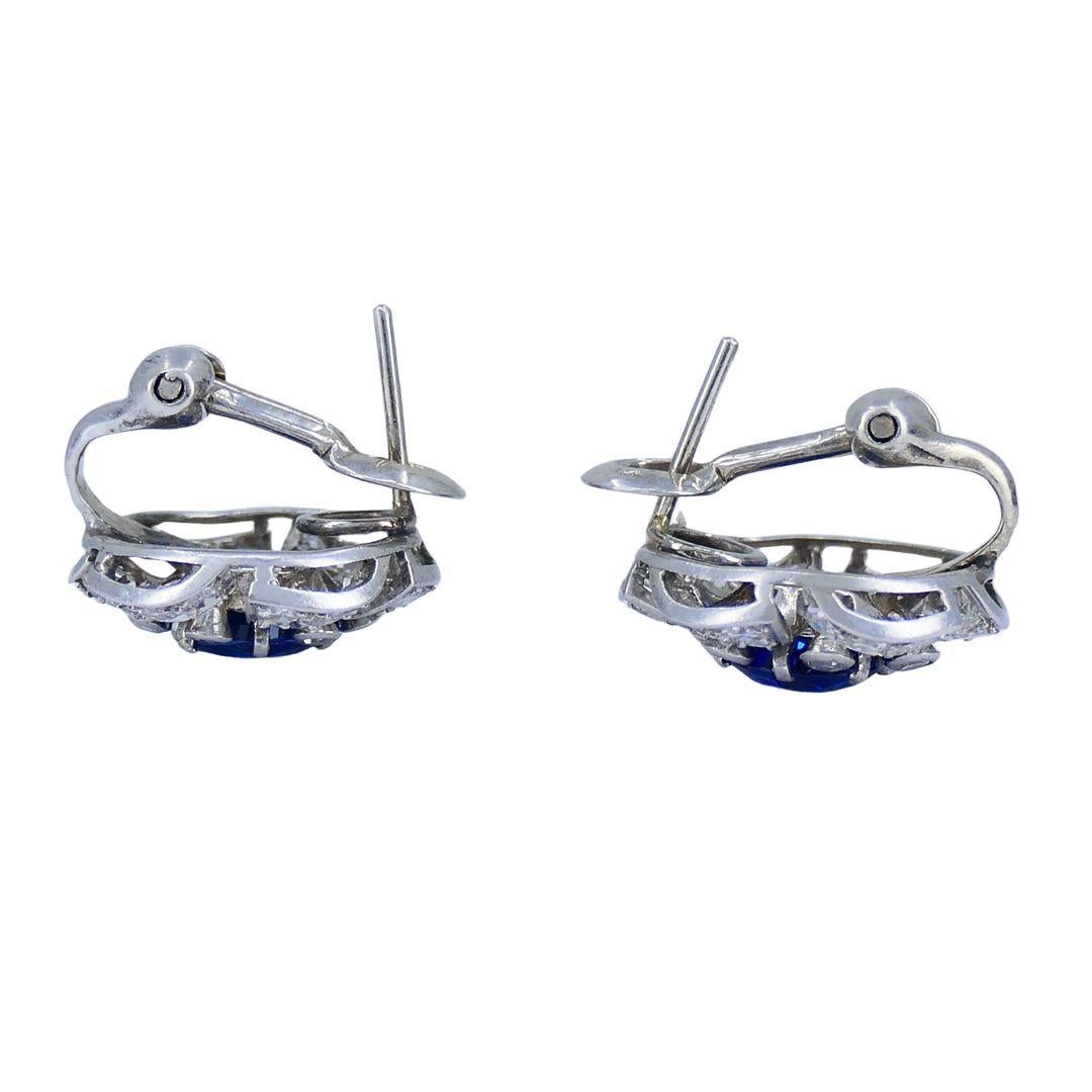 Vintage French Sapphire Diamond Platinum 18k White Gold Cluster Earrings For Sale 7