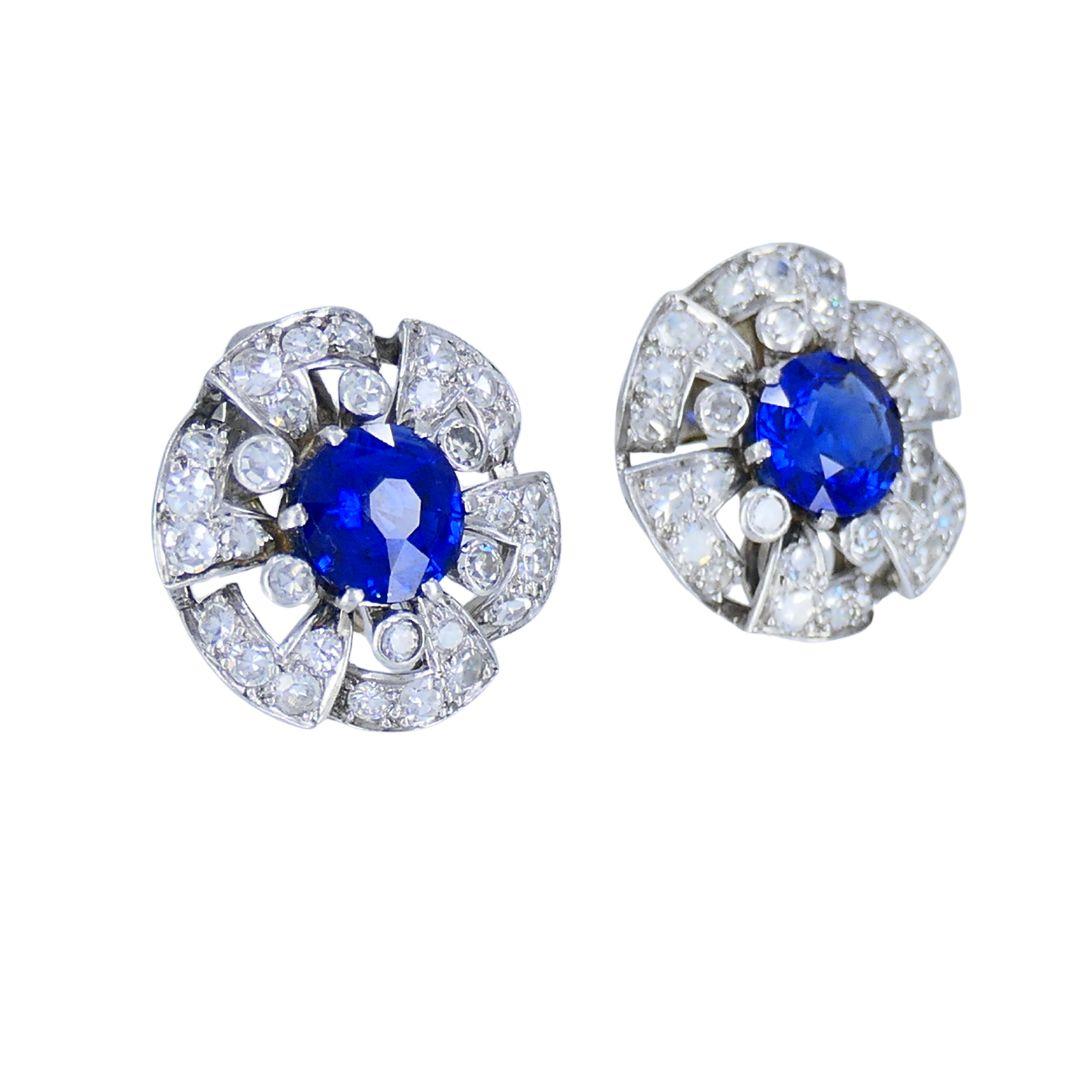 Brilliant Cut Vintage French Sapphire Diamond Platinum 18k White Gold Cluster Earrings For Sale