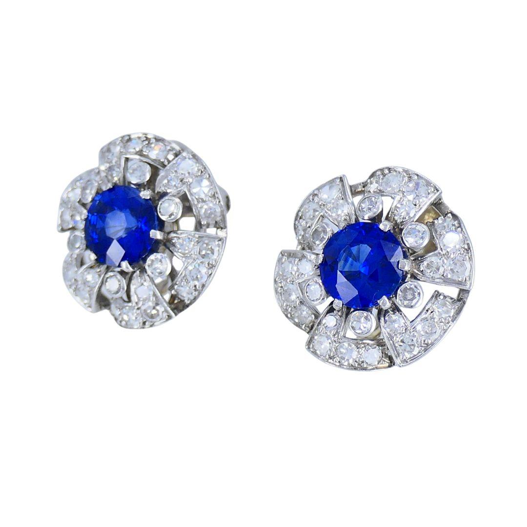 Vintage French Sapphire Diamond Platinum 18k White Gold Cluster Earrings In Fair Condition For Sale In Beverly Hills, CA