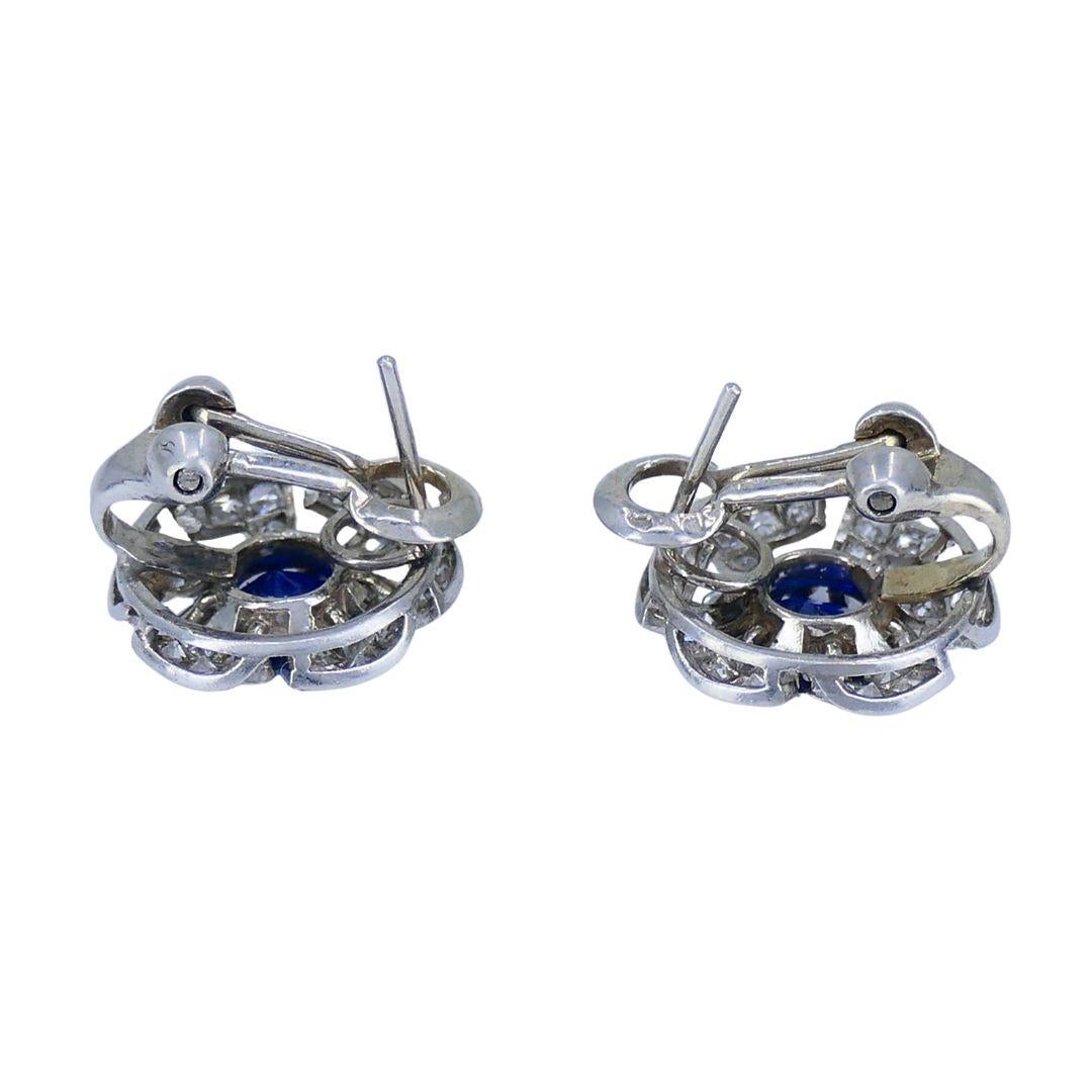 Women's Vintage French Sapphire Diamond Platinum 18k White Gold Cluster Earrings For Sale