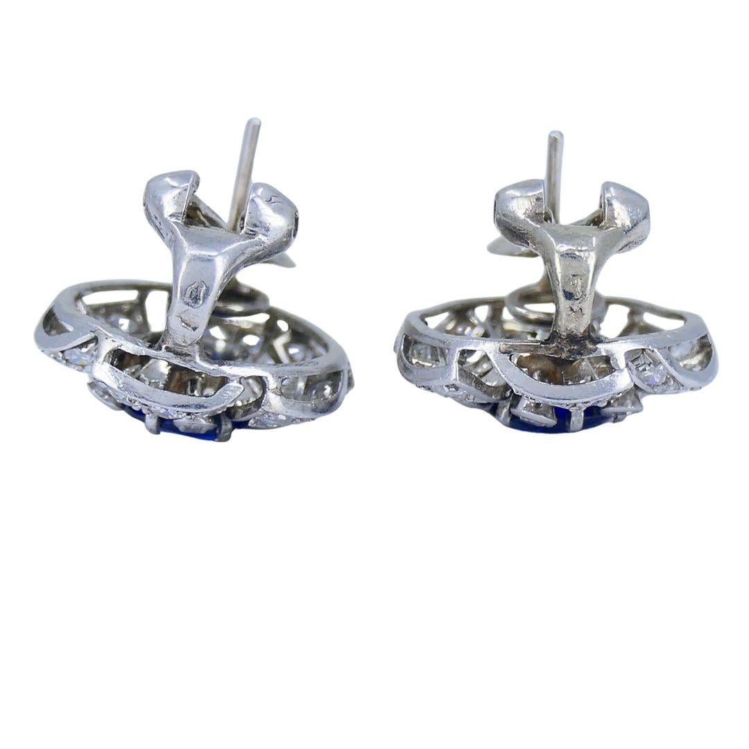 Vintage French Sapphire Diamond Platinum 18k White Gold Cluster Earrings For Sale 1