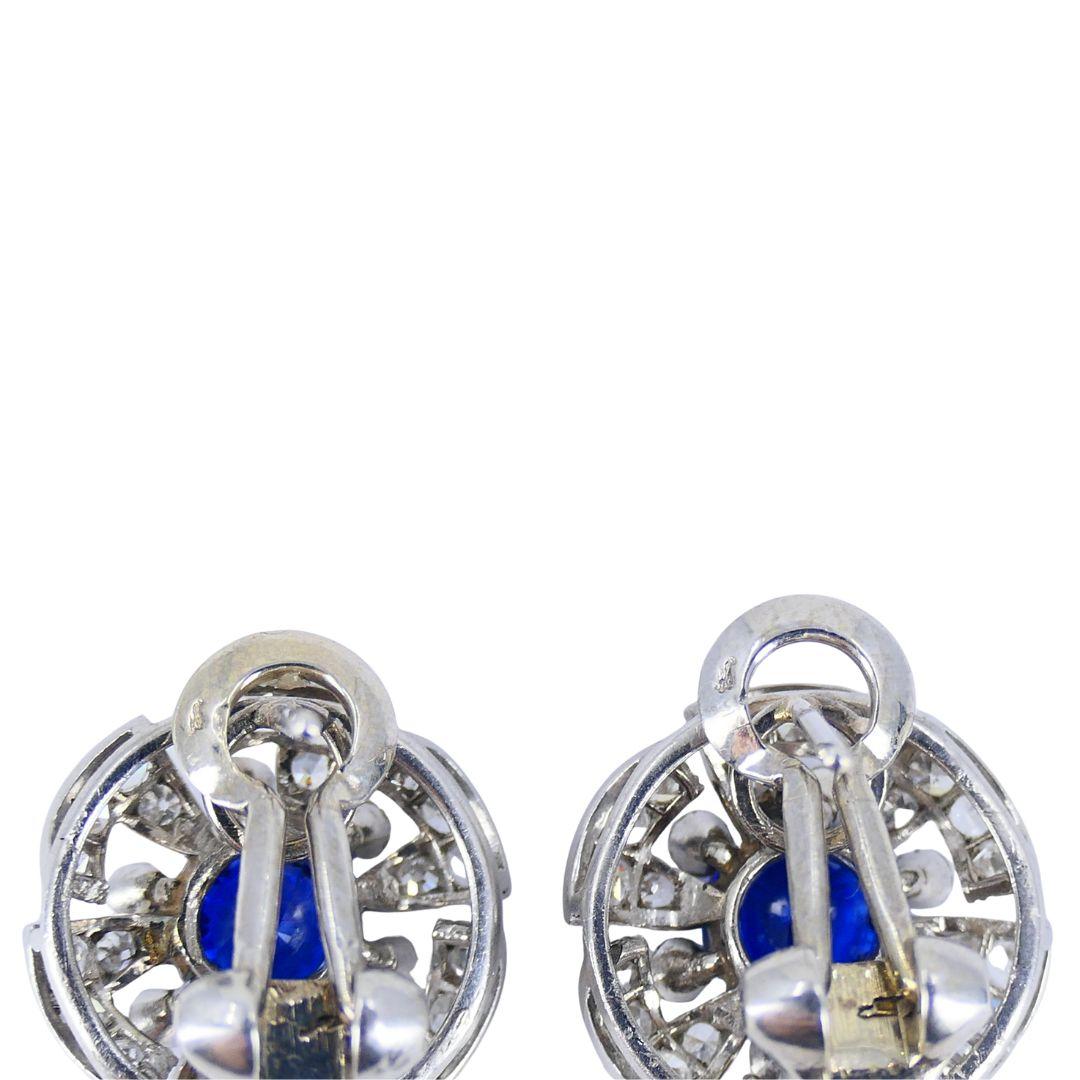 Vintage French Sapphire Diamond Platinum 18k White Gold Cluster Earrings For Sale 2