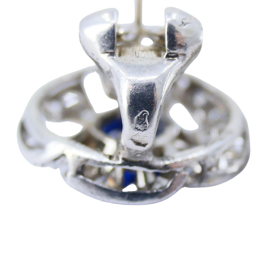 Vintage French Sapphire Diamond Platinum 18k White Gold Cluster Earrings For Sale 3