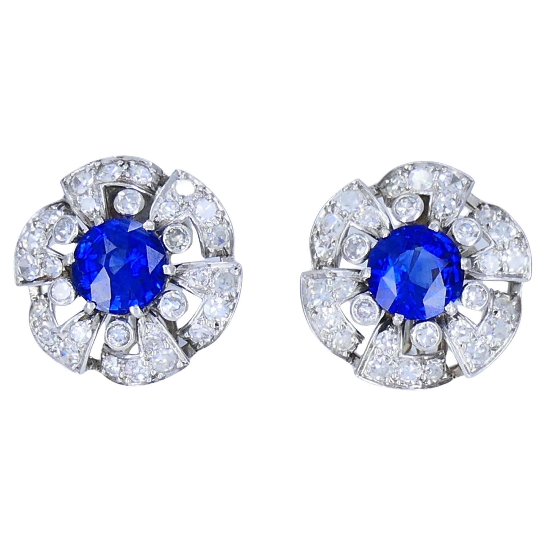 Vintage French Sapphire Diamond Platinum 18k White Gold Cluster Earrings For Sale