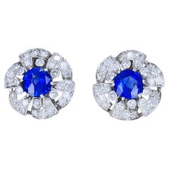 Vintage French Sapphire Diamond Platinum 18k White Gold Cluster Earrings