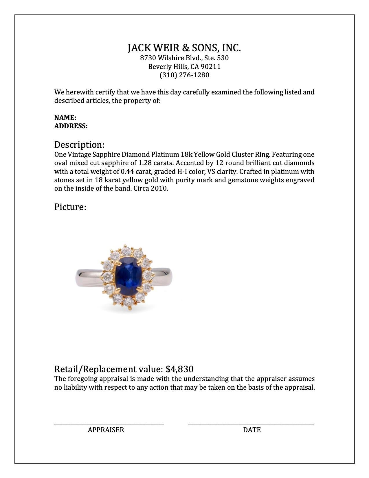 Women's or Men's Vintage Sapphire Diamond Platinum 18k Yellow Gold Cluster Ring For Sale