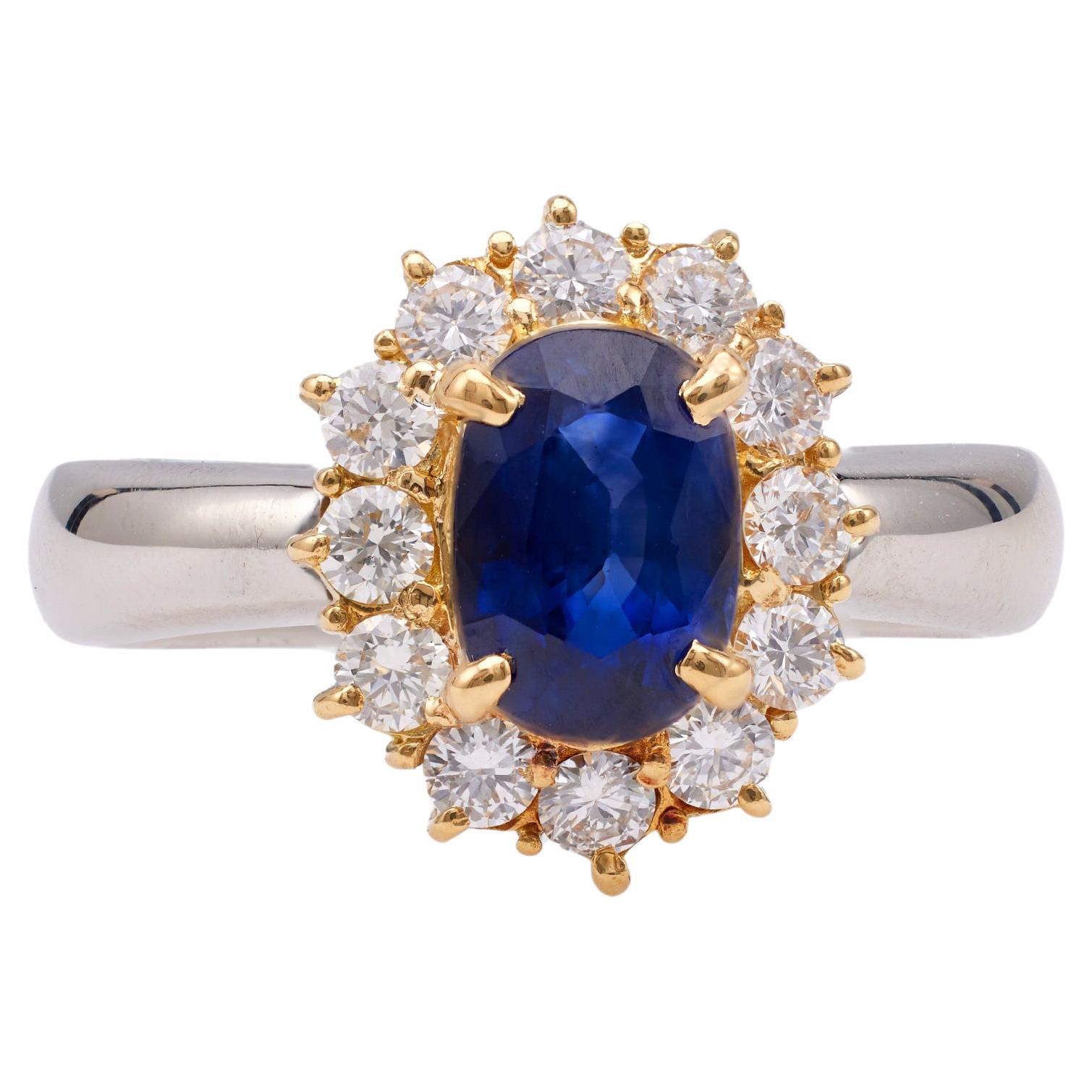 Vintage Sapphire Diamond Platinum 18k Yellow Gold Cluster Ring For Sale