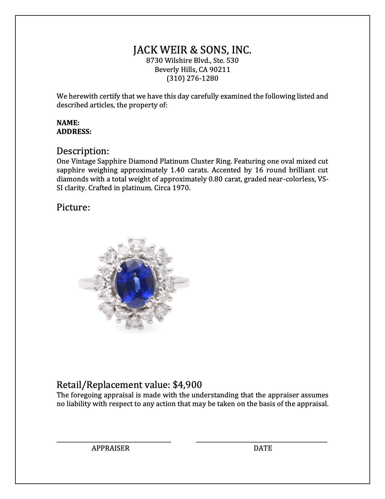 Women's or Men's Vintage Sapphire Diamond Platinum Cluster Ring For Sale