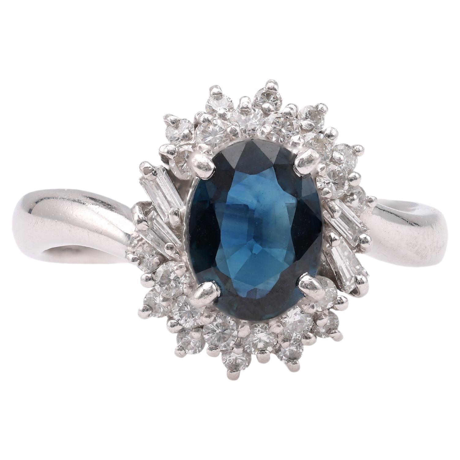 Vintage Sapphire Diamond Platinum Cluster Ring For Sale