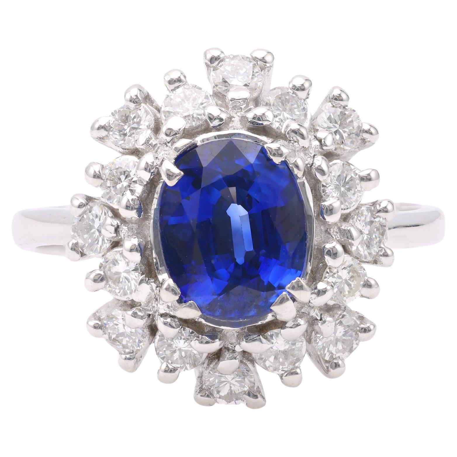 Vintage Sapphire Diamond Platinum Cluster Ring For Sale