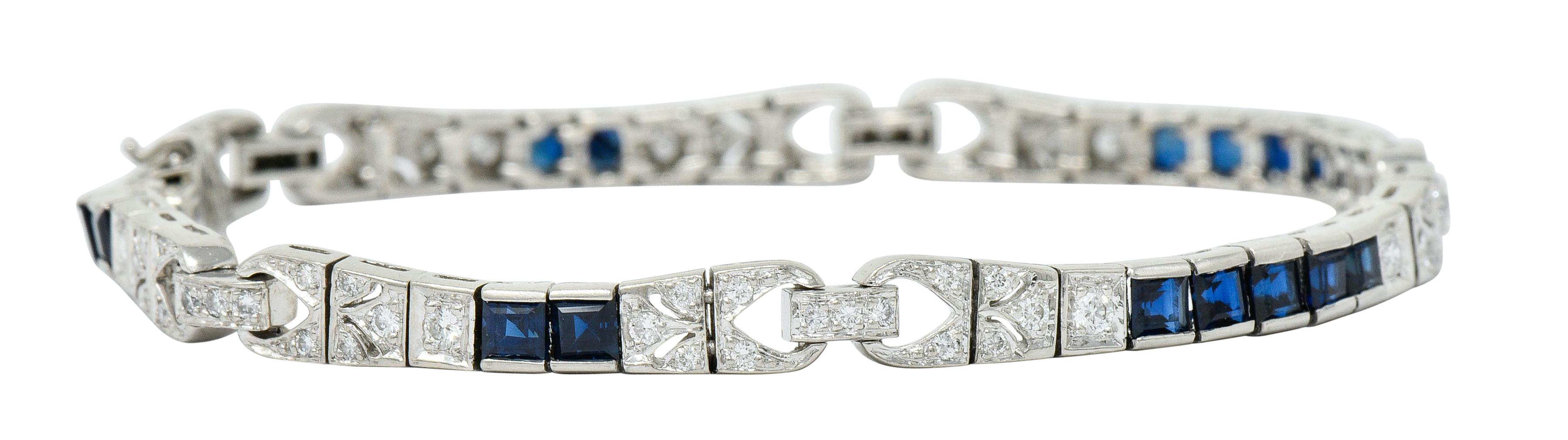 Square Cut Vintage Sapphire Diamond Platinum Line Bracelet