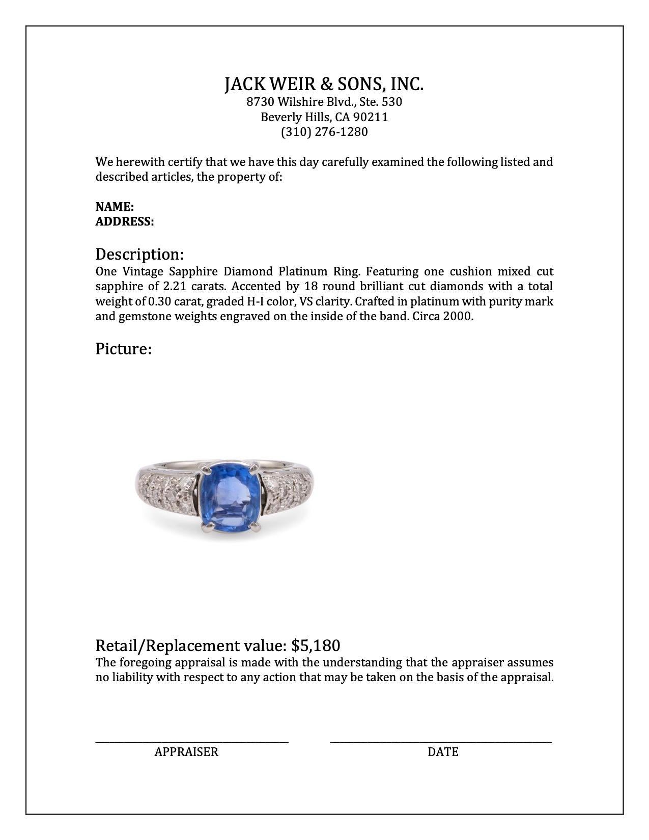 Vintage Sapphire Diamond Platinum Ring For Sale 1