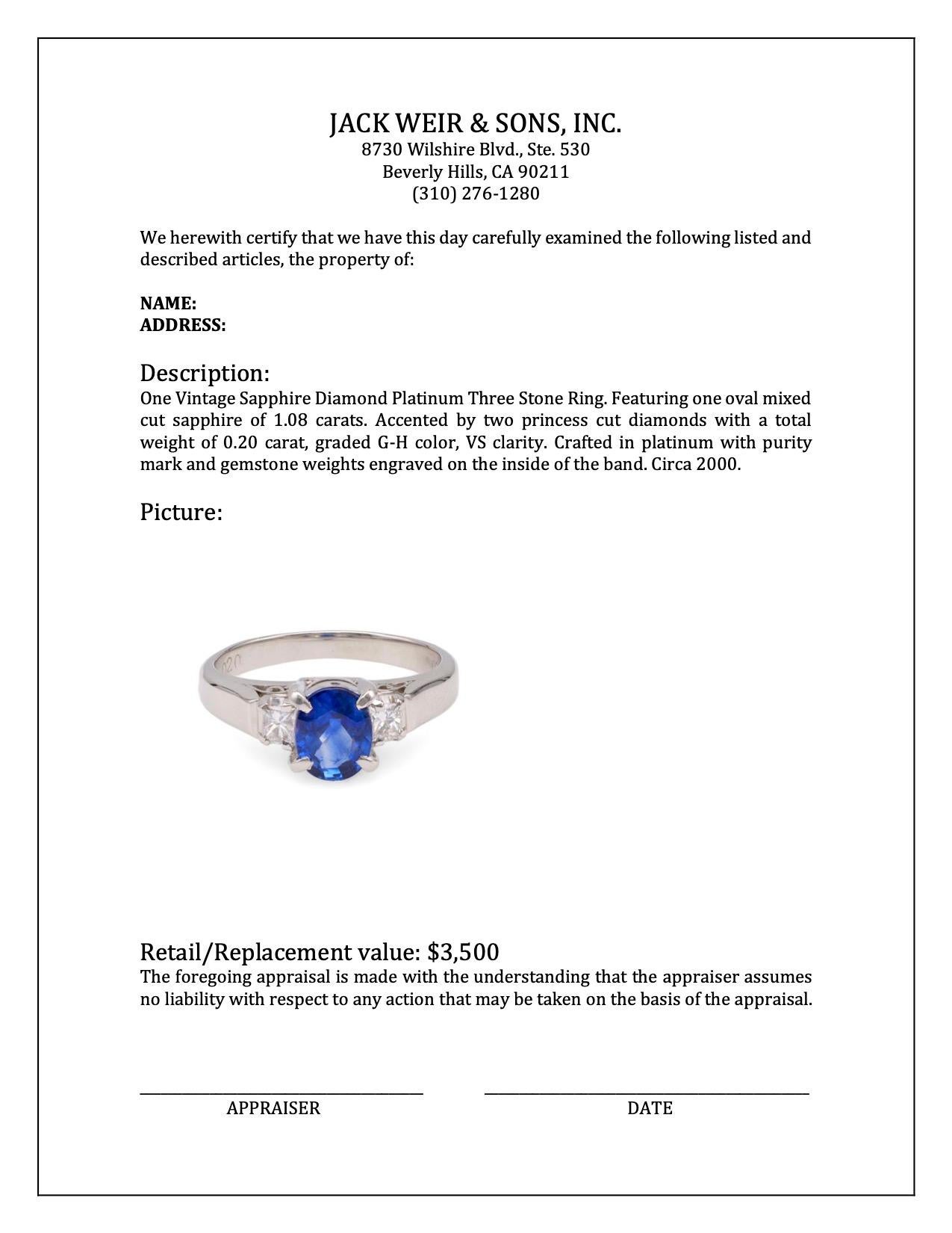 Women's or Men's Vintage Sapphire Diamond Platinum Three Stone Ring For Sale