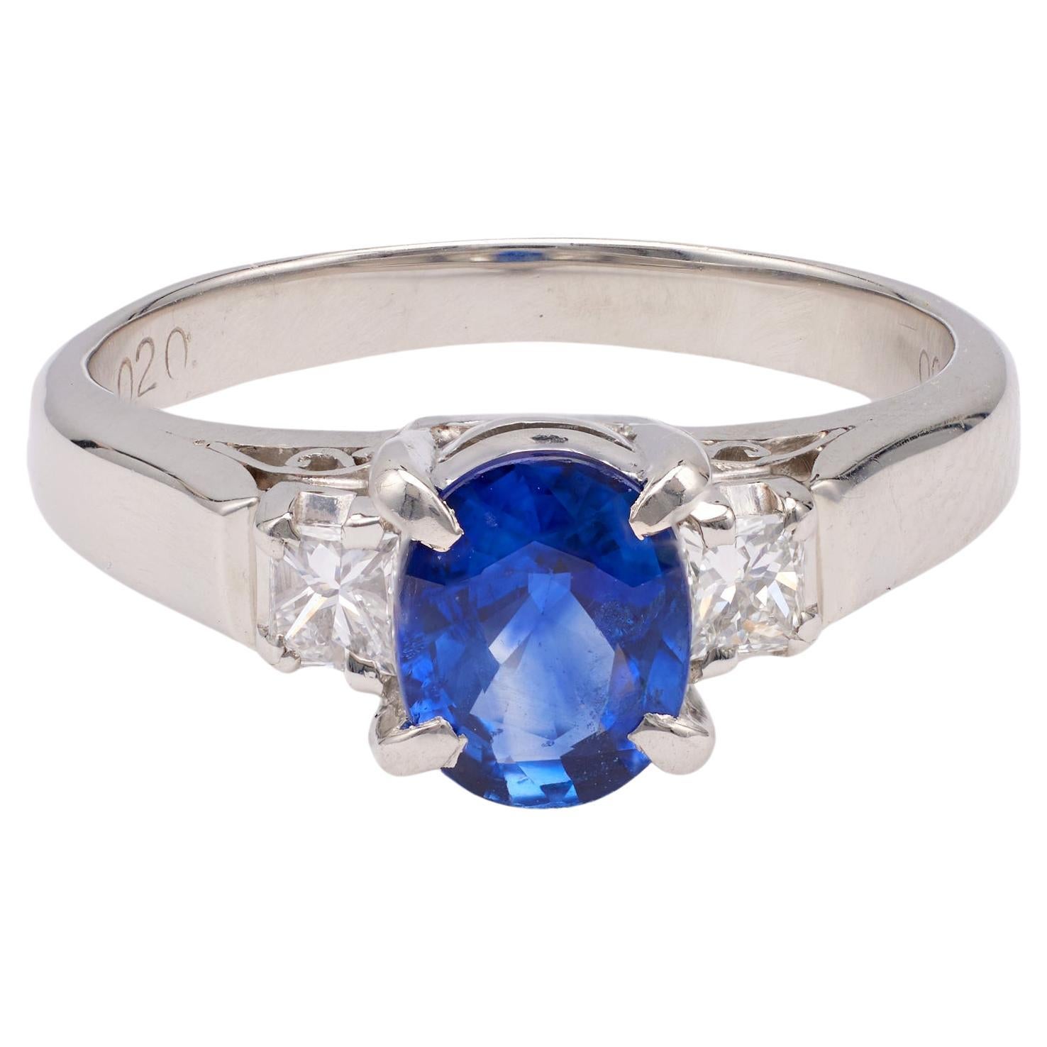 Vintage Sapphire Diamond Platinum Three Stone Ring For Sale