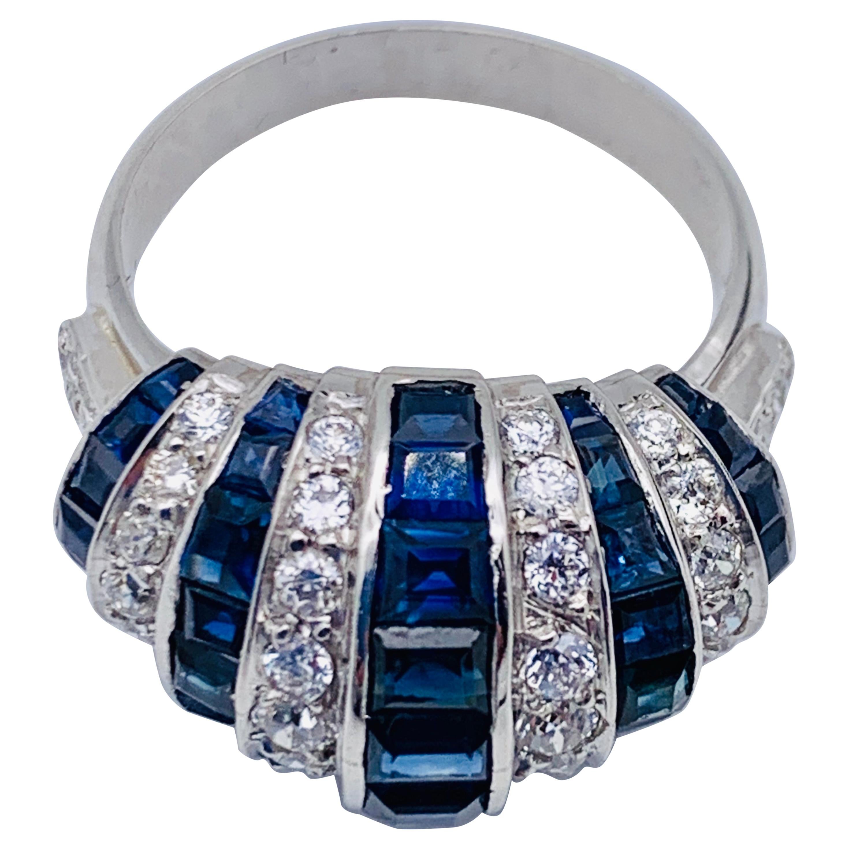 Vintage Art Deco Style Sapphire Diamond Platinum White 18 K Gold Platinum Ring