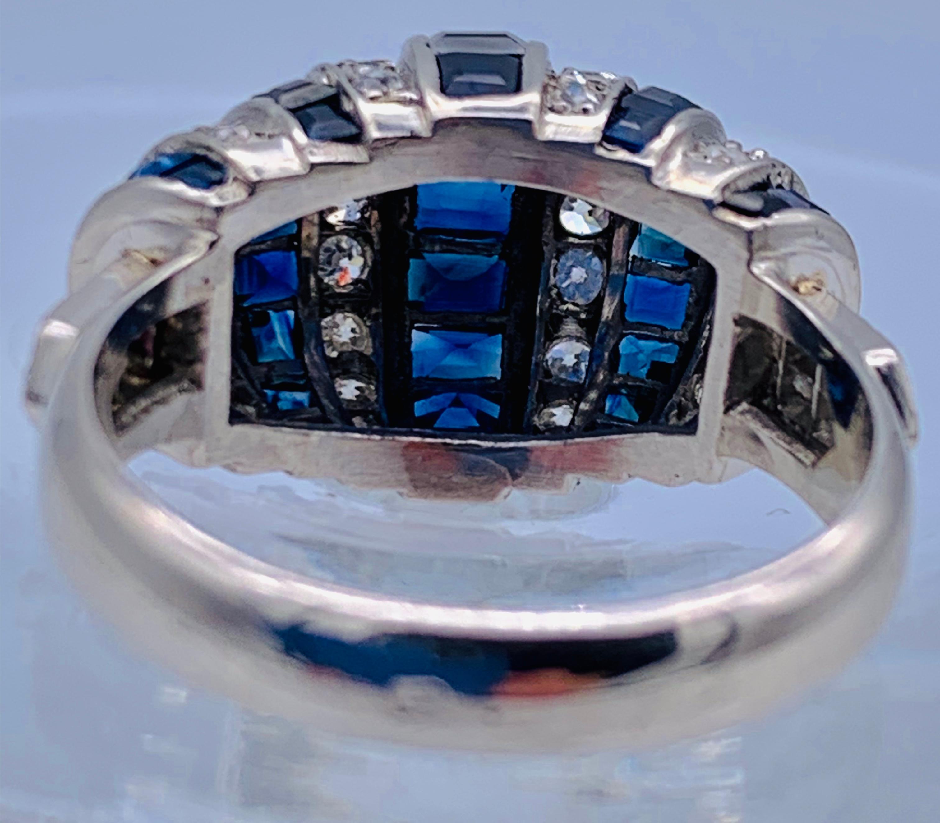Vintage Art Deco Style Sapphire Diamond Platinum White 18 K Gold Platinum Ring 6