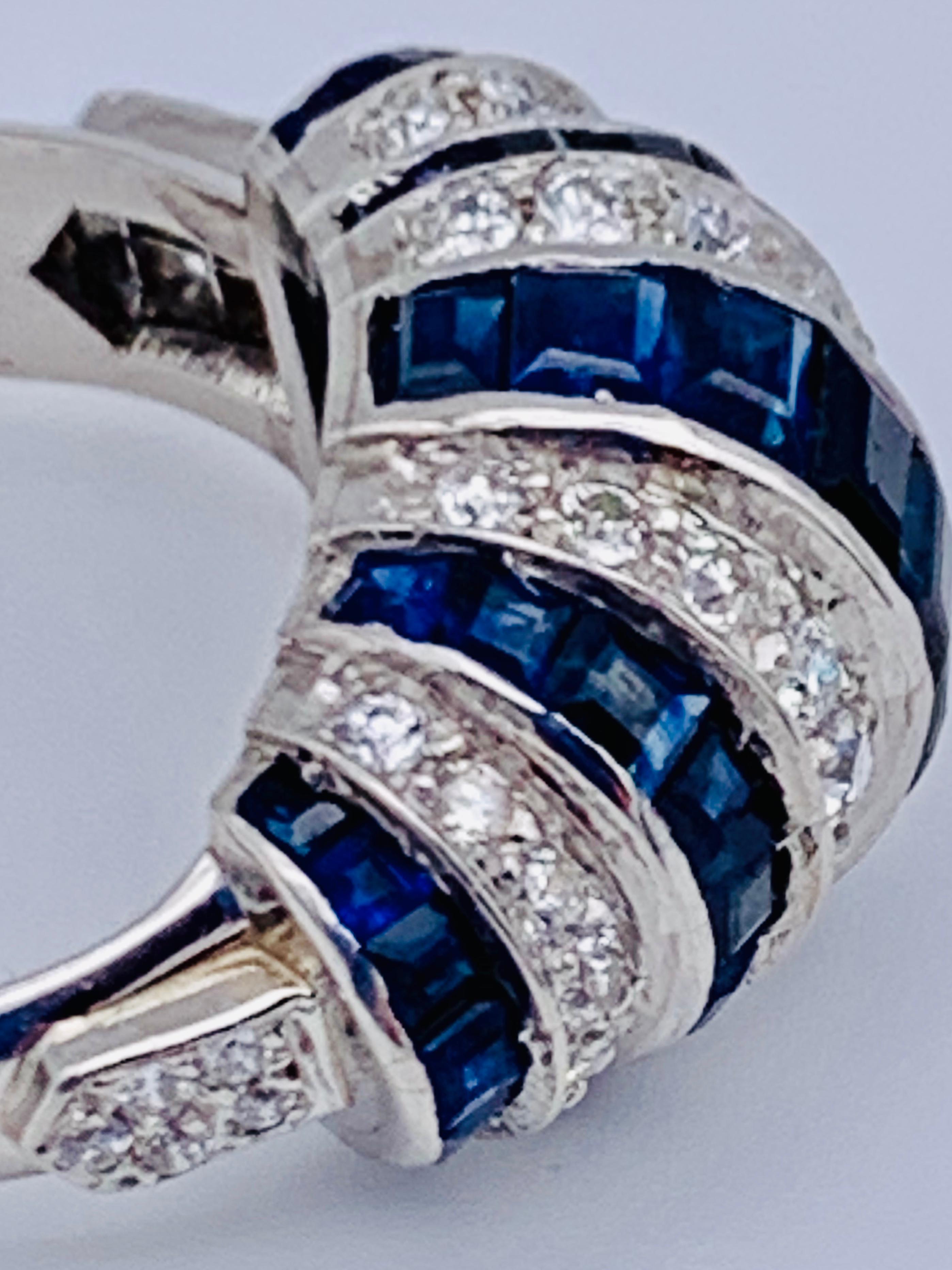 Vintage Art Deco Style Sapphire Diamond Platinum White 18 K Gold Platinum Ring 7