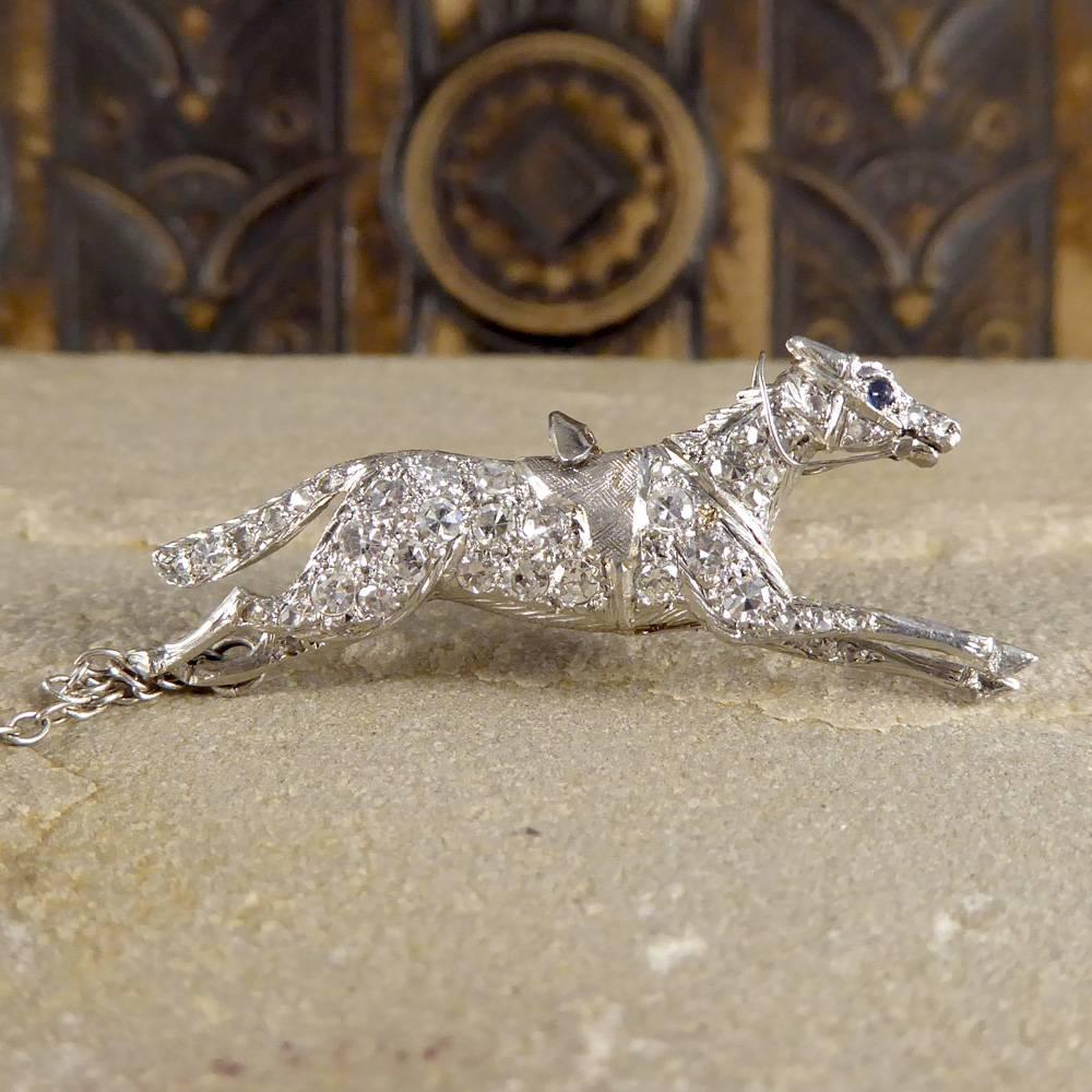 Vintage Sapphire Diamond Racing Horse Brooch in Platinum In Good Condition In Yorkshire, West Yorkshire